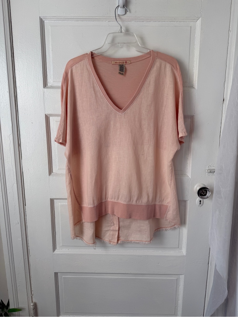Wearables Pink Linen Cotton V-Neck Tunic Top Dolman Sleeve Hi-Lo Hem Relaxed L